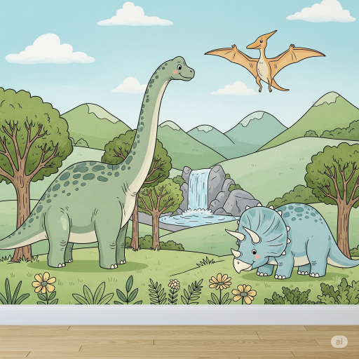 Dinosaur Land Gender Neutral Mural Wallpaper Dinosaur Land Gender Neutral Matte Non-Woven Wallpaper Mural