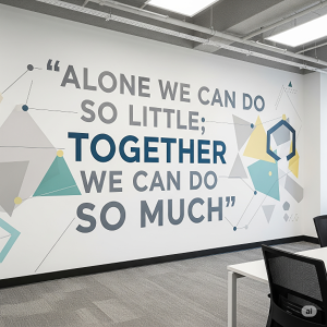 For a collaborative workspace, a mural featuring a quote about unity and shared goals, "Alone we can do so little; together we can do so much," is presented in a strong, communal font.