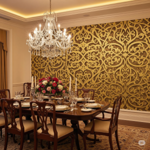 Formal dinning room gold arabesque pattern wallpaper mural.