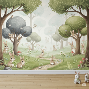 Gender-neutral nursery wallpaper mural with bunnies in a forest setting.