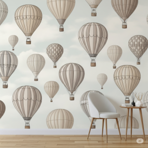 Hot air balloons neutral colours wallpaper mural.