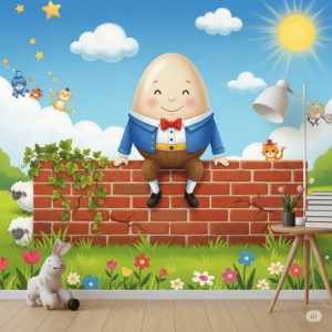Humpty Dumpty sitting happily on the wall, Nursery Rhyme Wallpaper Mural.