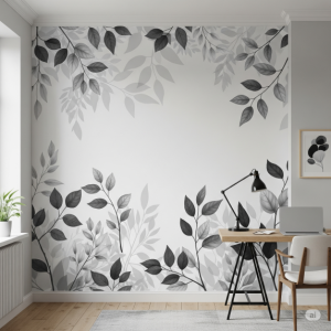 Monochrome Foliage Wallpaper Mural: A wallpaper with a sparse, black-and-white or grayscale botanical pattern can add a touch of nature to the home office without being too colorful or vibrant. This design is elegant and subtly brings the outdoors in.