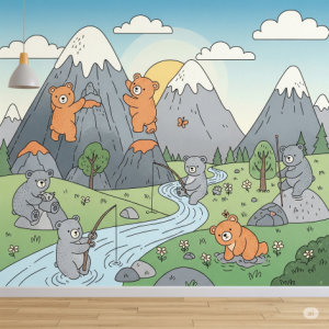 Mountain Bears Wallpaper Mual: A mountain landscape with friendly bears exploring.