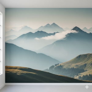 Mountain-scape with Misted Peaks Wallpaper Mural
