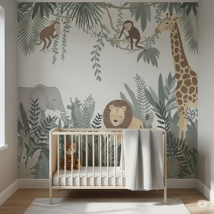 Muted colour tones children's room jungle wallpaper mural.