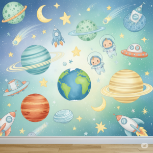 Outer space baby's room wallpaper mural.