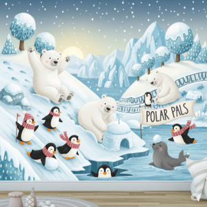 Polar pals gender-neutral nursery wallpaper mural: A wintery scene with polar bears, penguins, and seals.