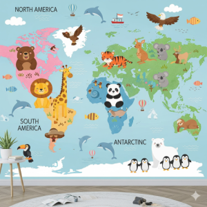 Pre-teen Girls' Bedroom World Map with Animals