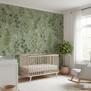 Sage green unisex nursery botanical wallpaper mural