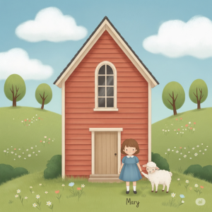 The Schoolhouse Scene, Mary Had a Little Lamb Nursery Rhyme Wallpaper: A mural depicting a classic, whimsical red schoolhouse with a little girl (Mary) and her lamb standing outside. The style is a soft, hand-painted illustration with gentle colours.