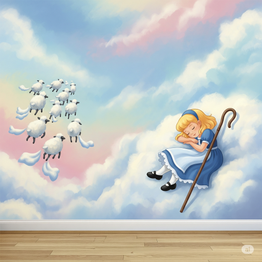 The mural has a dreamy, cloud-like background, with soft pastels of blue, pink, and white. The "Fluffy Clouds and Tails" Dreamscape Wallpaper.