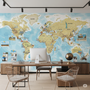 Travel office world map wallpaper mural.