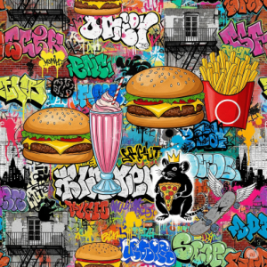 Urban Street Food Graffiti Wallpaper. This mural blends street art with fast food.