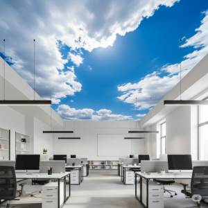 White Clouds and Blue Skies Office ceiling mural.