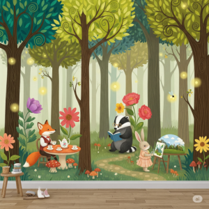 Whimsical forest wallpaper for children.
