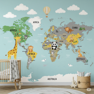 World map gender-neural nursery wallpaper mural.