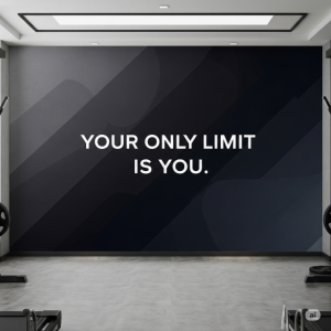 "Your only limit is you." This simple and powerful quote is displayed in a clean, minimalist font on a bold background gym wallpaper mural.