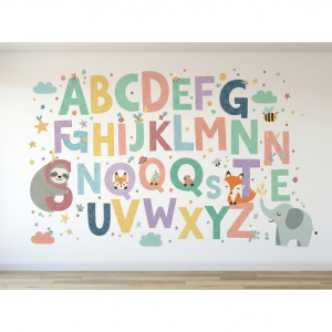 a gender-neutral nursery wallpaper mural with an alphabet theme.