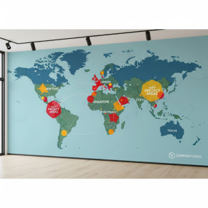 A stylized world map wallpaper mural for a company with international clients, highlighting key project areas.