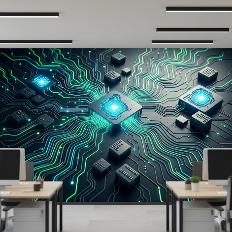 A tech-focused modern office mural of interconnected 3D circuit boards. A tech-focused modern office mural of interconnected 3D circuit boards.