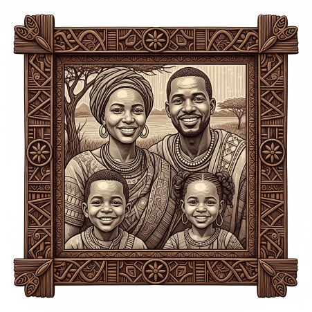 African family portrait Wood-engraved picture frame African family portrait Wood-engraved picture frame