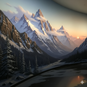 Panoramic mural of a snow-capped mountain.