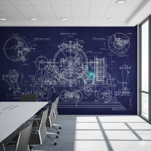 wallpaper mural concept that blends the history of science with technical precision, showcasing the intricate workings of a pivotal historical scientific instrument through its schematics.