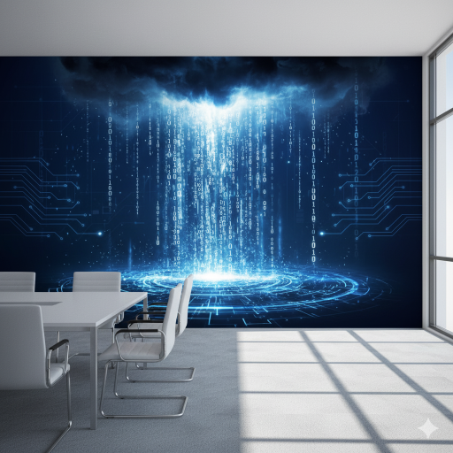 Abstract Binary Code Waterfall Technology Wallpaper Mural. Abstract Binary Code Waterfall: Technology Wallpaper Mural. A complex cascade of ones and zeros forming a river or waterfall graphic, blending code with natural flow.