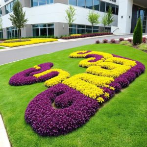 A colorful corporate branding landscape featuring plants arranged to form a logo, emphasizing branding and aesthetics.