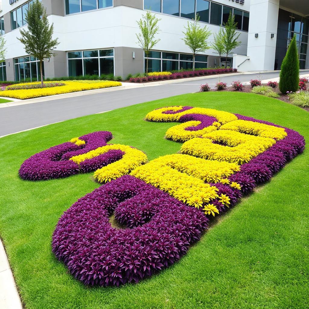 A colorful corporate branding landscape featuring plants arranged to form a logo, emphasizing branding and aesthetics. A colorful corporate branding landscape featuring plants arranged to form a logo, emphasizing branding and aesthetics.