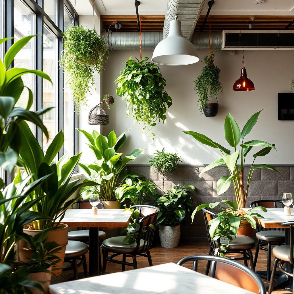 Indoor plants enhancing restaurant interior aesthetics Indoor plants enhancing restaurant interior aesthetics Regenerate Good response Bad response