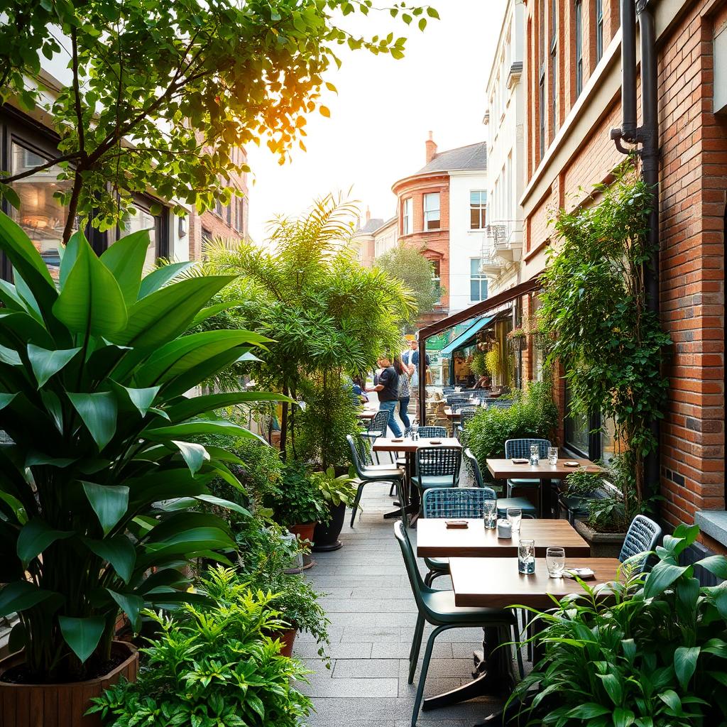 Outdoor restaurant plants buffering city noise and privacy. Outdoor restaurant plants buffering city noise and privacy