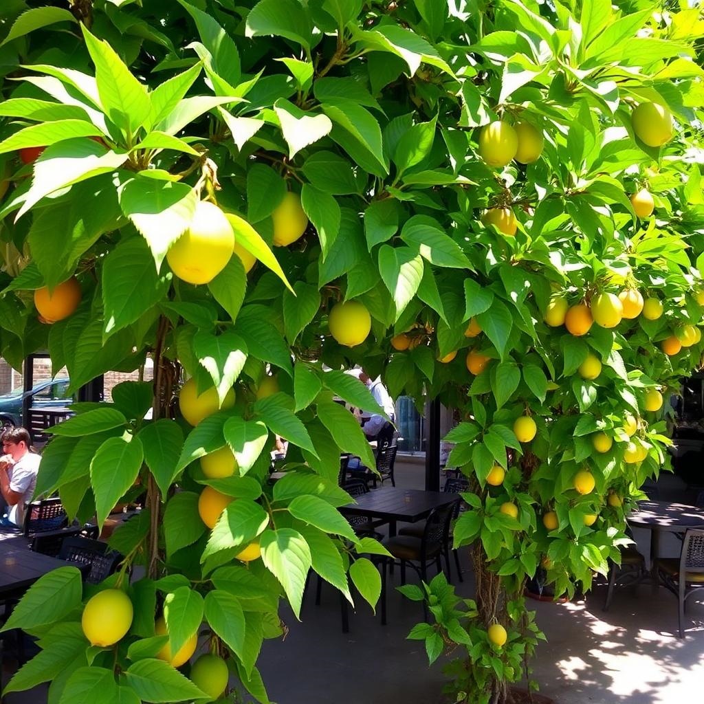 Passion Fruit Vines (Passiflora) thick foliage provides cool, solid shade, essential for afternoon outdoor restaurant dining comfort in a sunny location. Passion Fruit Vines (Passiflora) thick foliage provides cool, solid shade, essential for afternoon outdoor restaurant dining comfort in a sunny location.