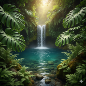 A close-up of a small waterfall mural wallpaper, a turquoise pool, framed by massive monstera leaves and ferns.