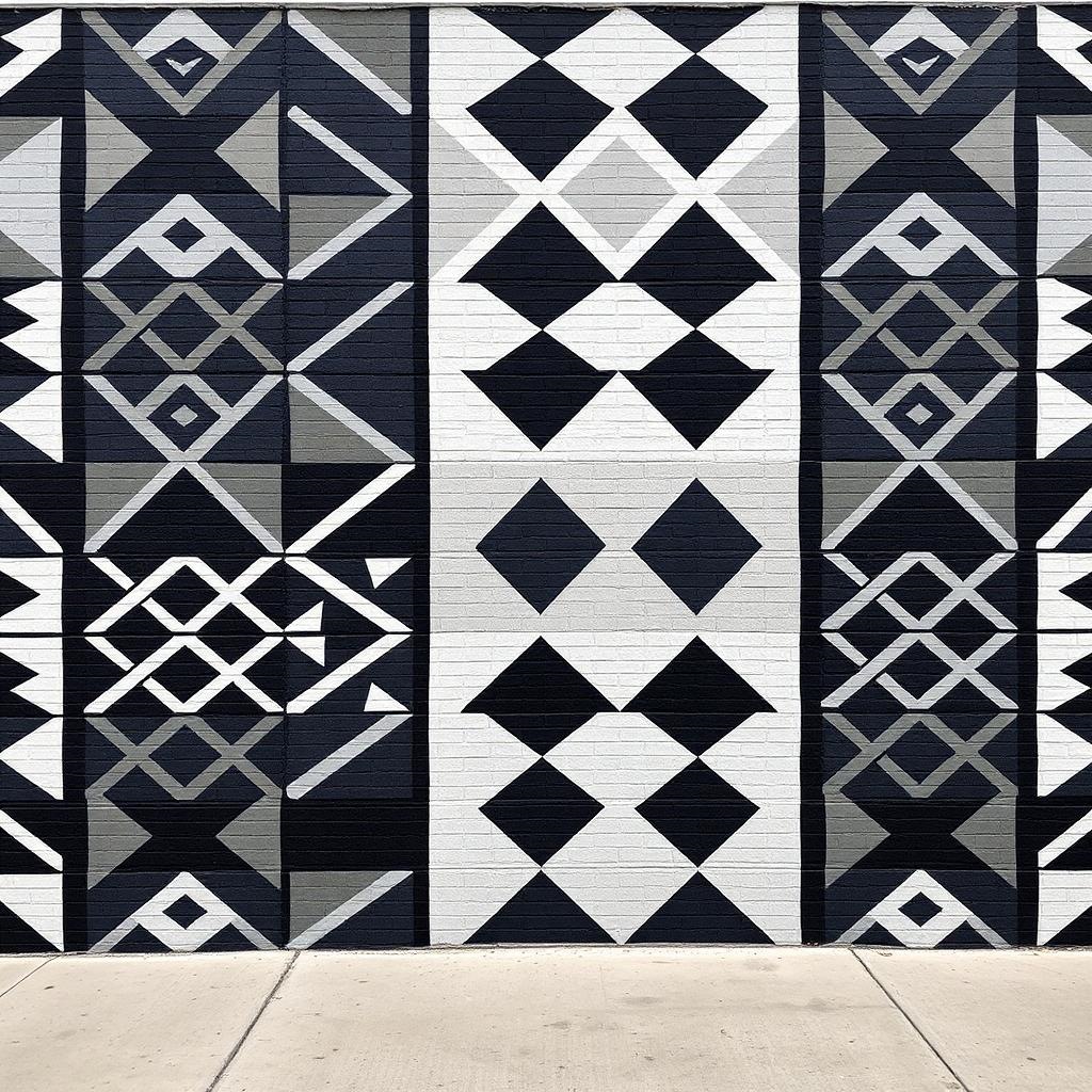 Large-scale Ndebele geometric African wall mural, high-contrast modern palette. Large-scale Ndebele geometric mural, high-contrast modern palette