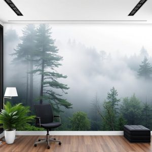 Panoramic misty forest mural for high-end office