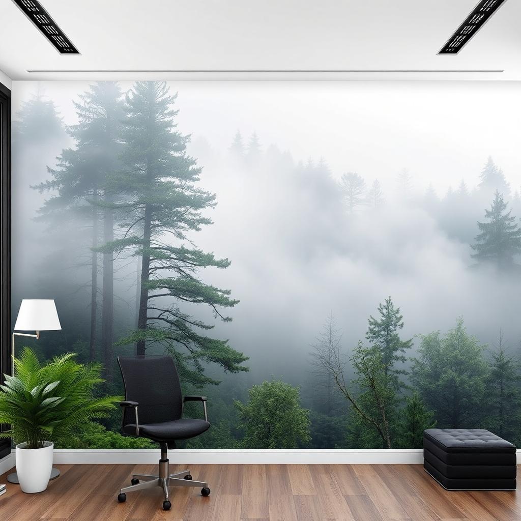 Panoramic misty forest mural for high-end office Panoramic misty forest mural for high-end office