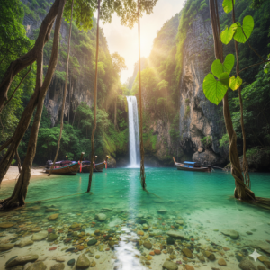 Thai Island Paradise Waterfall Mural Wallpaper