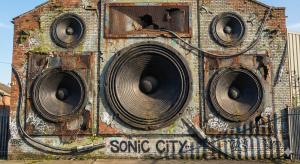 The 3D Effect Music Mural: Realistic textures on the speaker mesh and shadows inside the speaker cones create the illusion that the wall is actually a giant sound system.