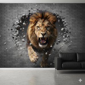 The Breakthrough Cracked Wall 3D Lion Wallpaper Mural