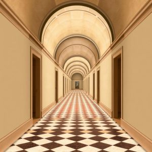 The Endless Corridor Trompe l'oeil wallpaper Mural: This design features a long, extending hallway, with checkered floor and arched ceiling.