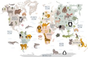 Animal World Map Mural Wallpaper. Multi-color Continental Map