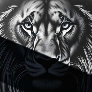 A black-and-white mural where the lion’s eyes and the bridge of its nose are visible through deep shadows. The anger here is quiet and predatory.