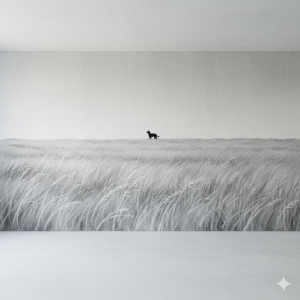 A landscape dog mural featuring a field of tall grass in soft grays. The dog is positioned in the distance as a dark silhouette, creating a sense of depth and peacefulness that makes a room feel larger.
