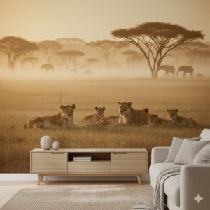 Atmospheric Misty Savannah (Sepia) Lion Wall Mural