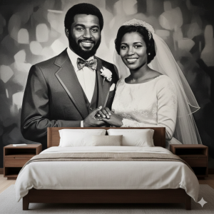 Dad and Mum Wallpaper Mural: A floor-to-ceiling restoration of their original wedding portrait..