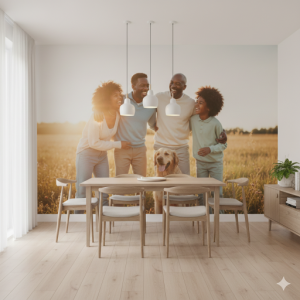 Family photo mural on the dining room wall.