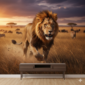 Realistic lion hunting wallpaper mural.