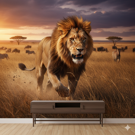 Realistic lion hunting wallpaper mural. Realistic lion hunting wallpaper mural.